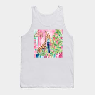 Preppy girl and giraffe decorating Christmas tree Tank Top